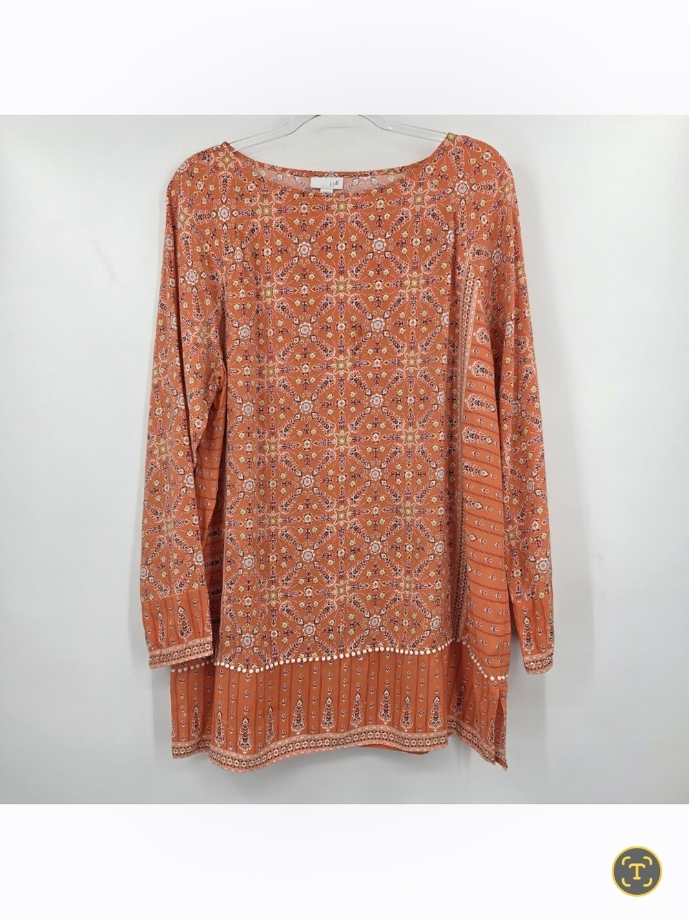 J. Jill Long Sleeve Tunic Top Blouse Large Orange Floral Embellished